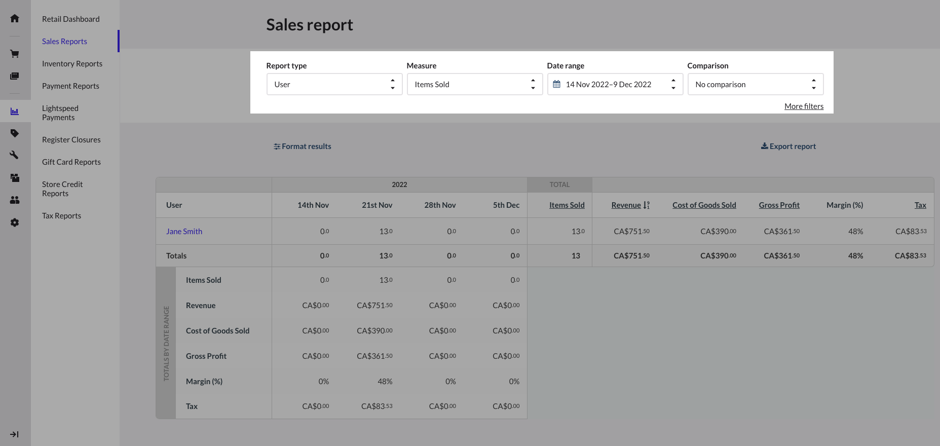 Sales report screen with report type, measure, date range, and comparison filters highlighted.