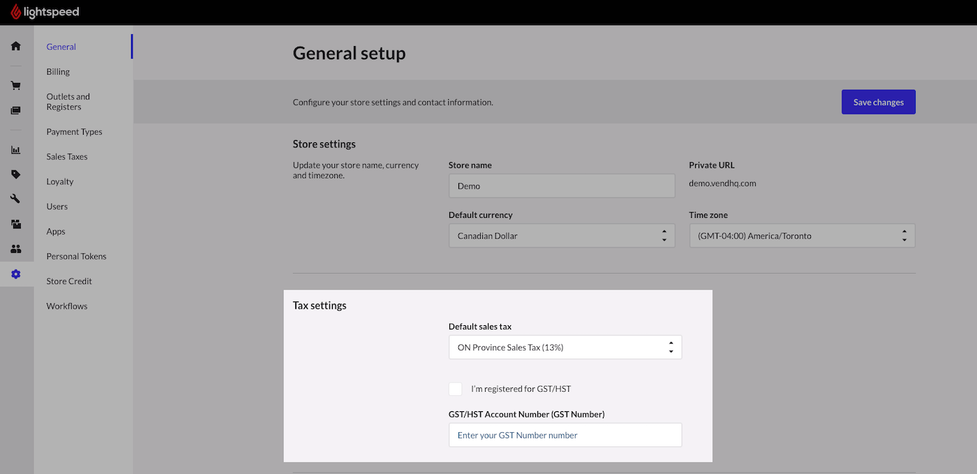 Gedeelte met belastinginstellingen waarop de standaard verkoopbelasting en optionele mogelijkheden voor GST/HST worden weergegeven
