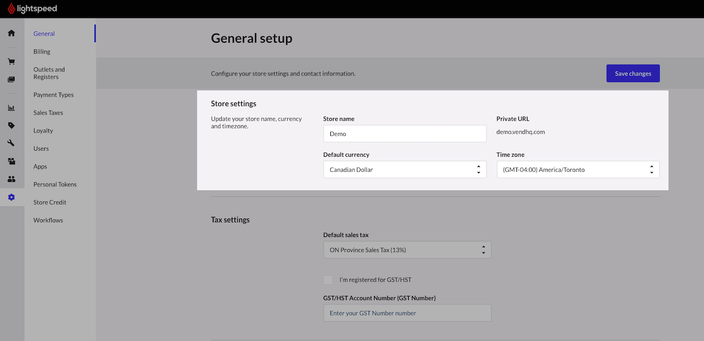 Store settings section showing store name, private URL, default currency and time zone