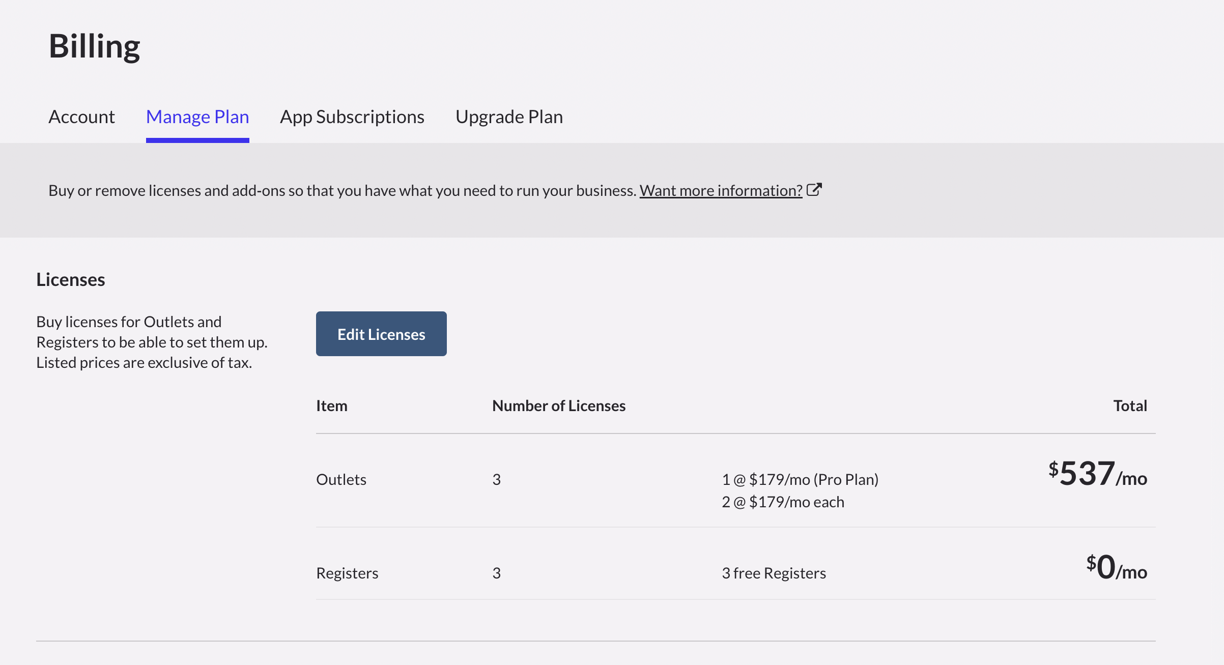 The Billing page with the Manage Plan tab showing an overview of the licenses.