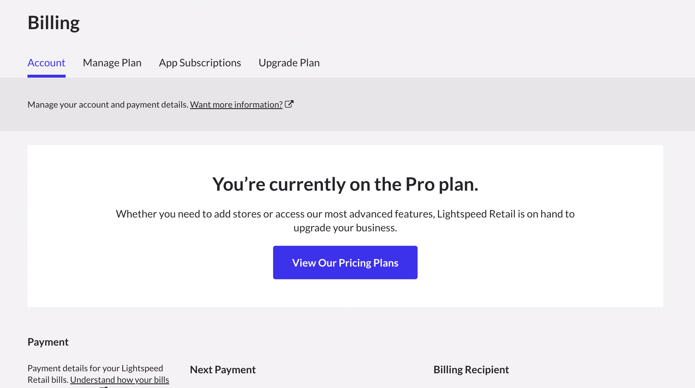 The Billing page with the Account tab showing an overview of the billing account information.