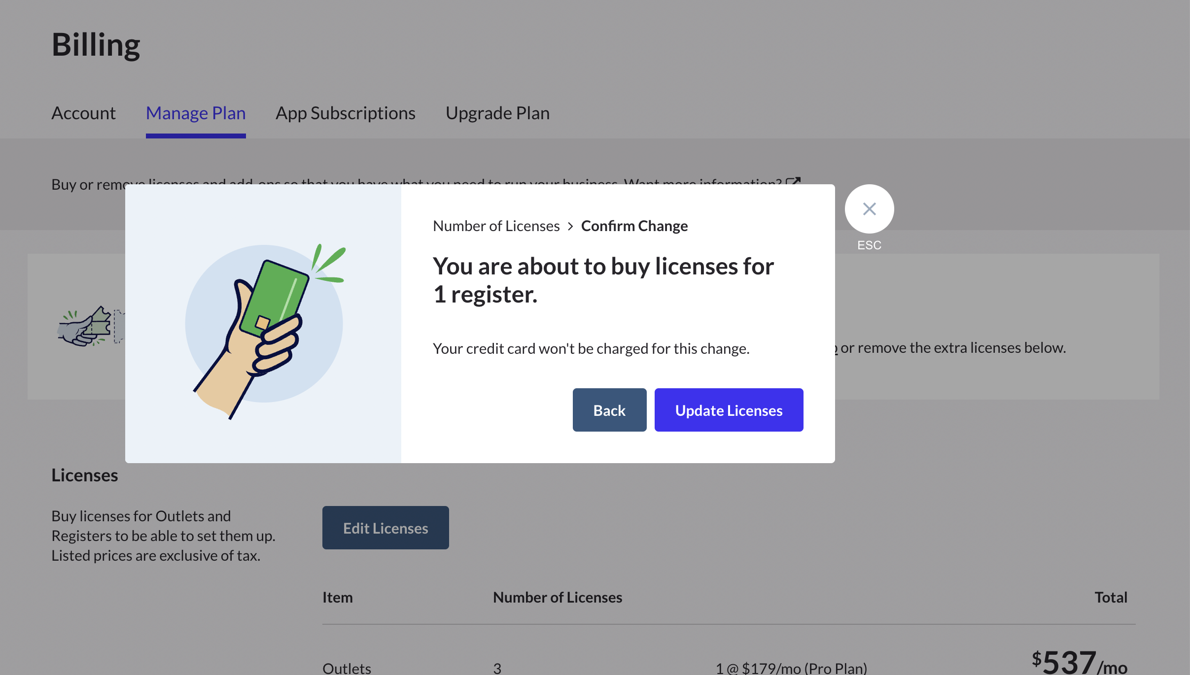 A pop up confirming You are about to buy licenses for 1 outlet with Back and Update Licenses buttons.