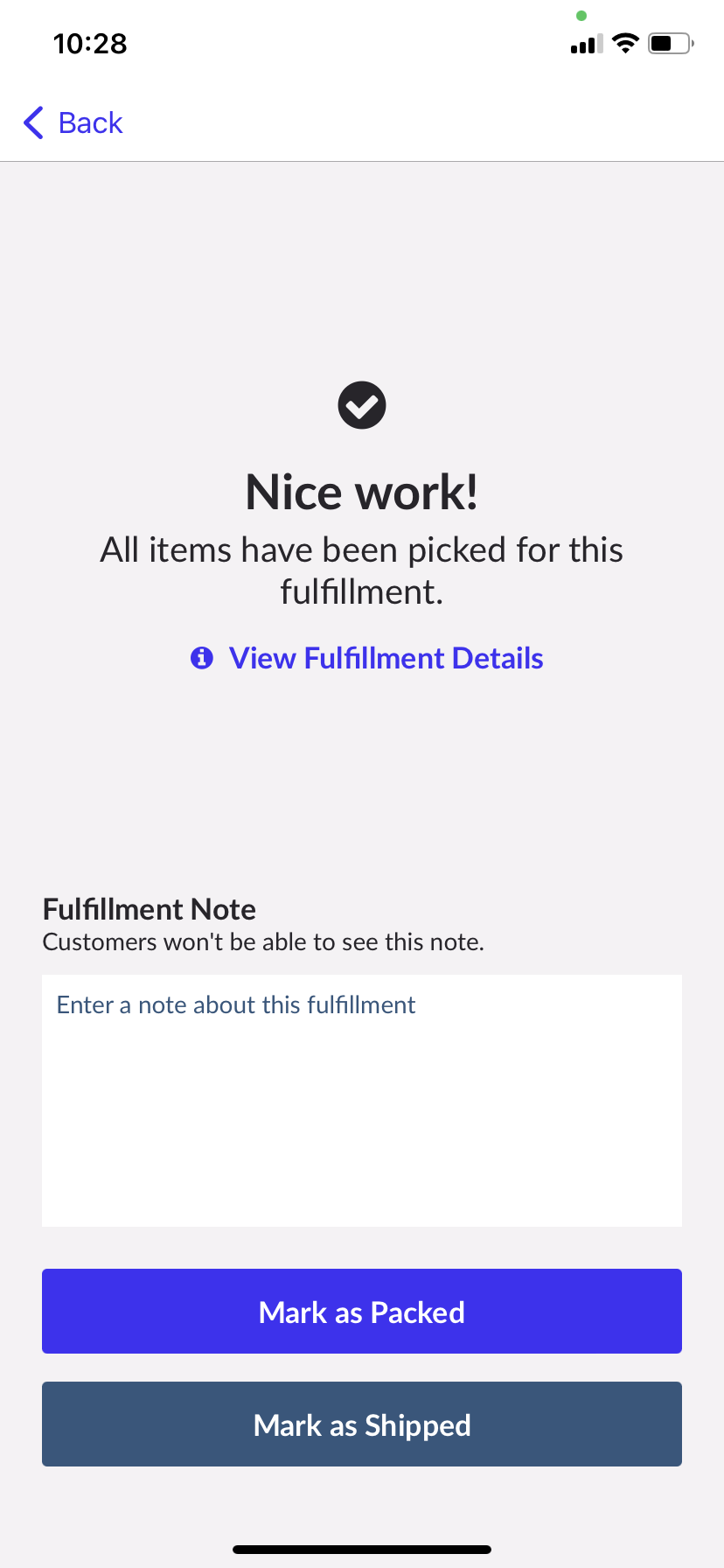 Pick completed screen. Option to click mark as packed or mark as shipped.