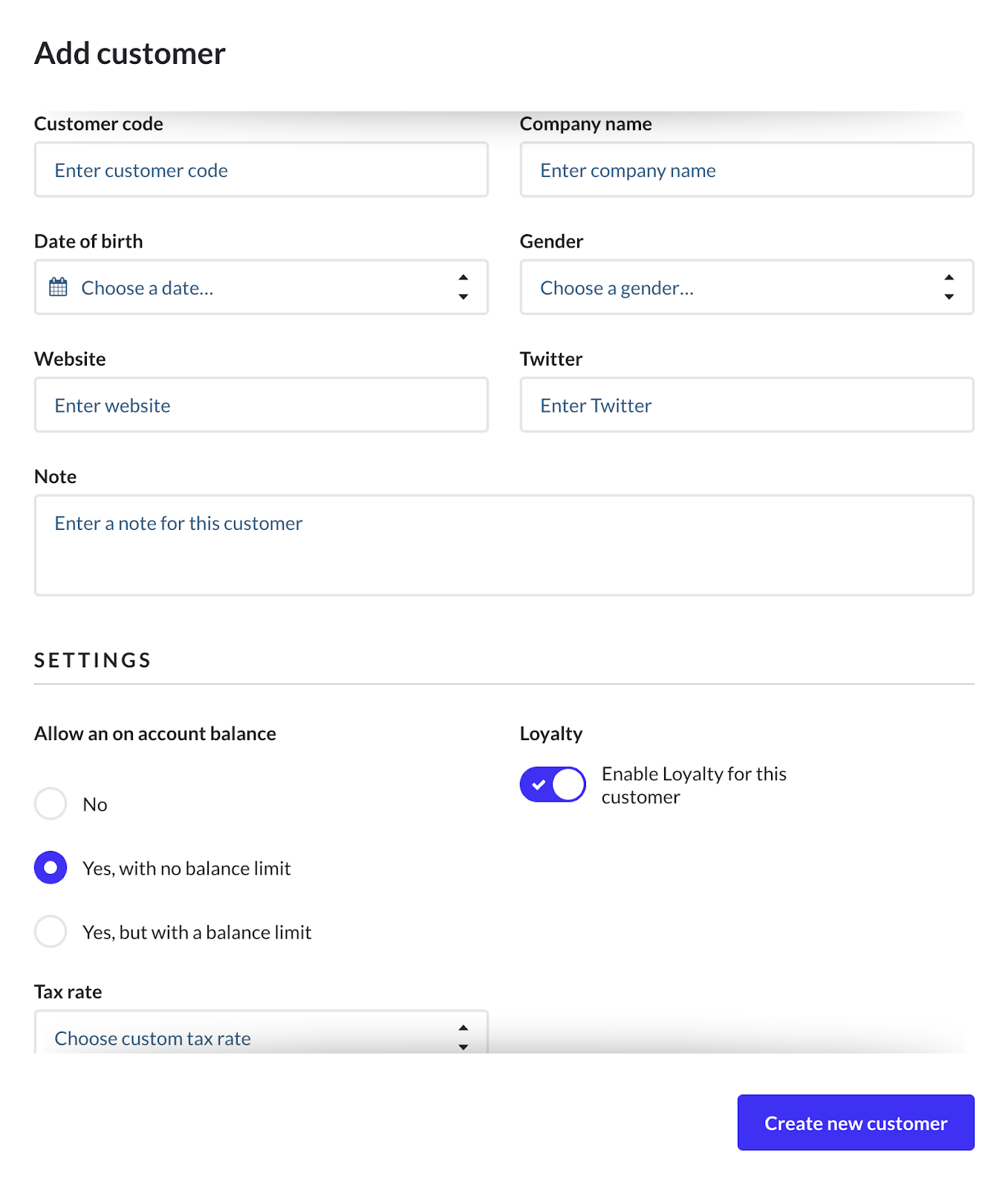The Add Customer Details tab with additional input fields for customer info and settings.