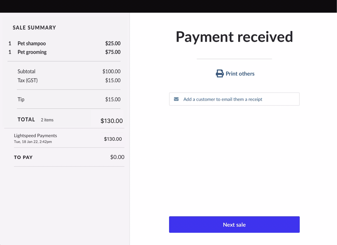Payment received screen with option to print receipt, email receipt, or continue to Next sale.