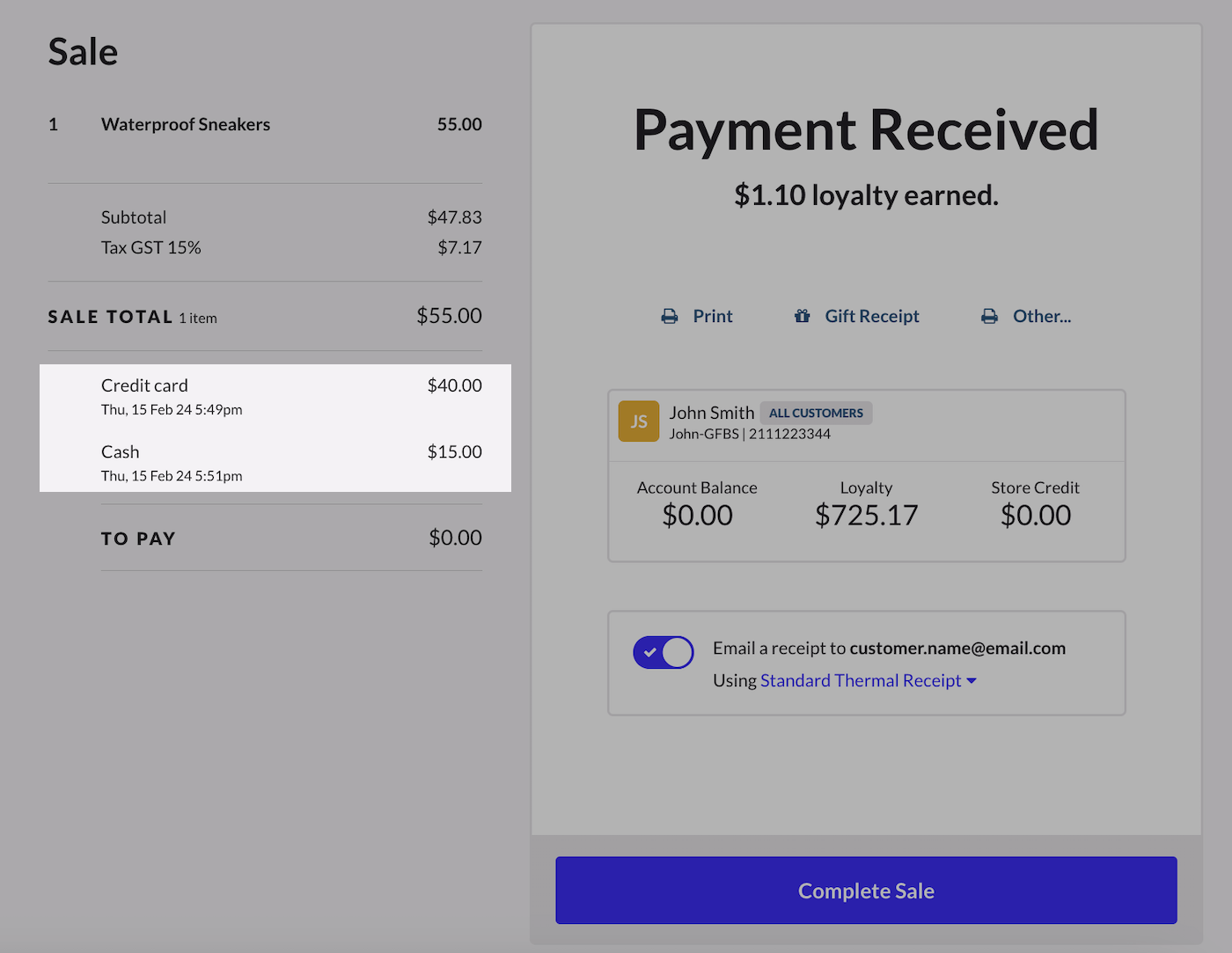 Sale receipt page after multiple pament sale