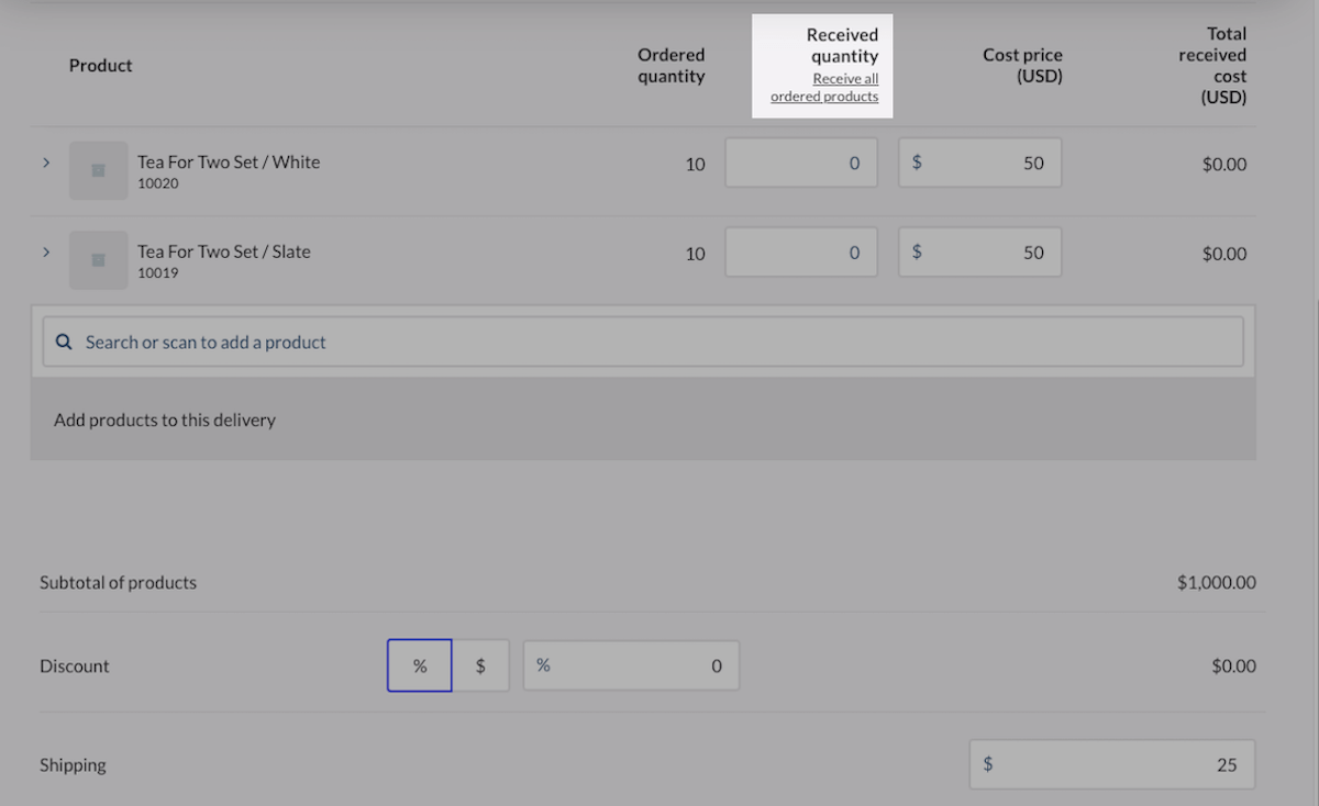 Purchase order page with Receive all ordered products highlighted.