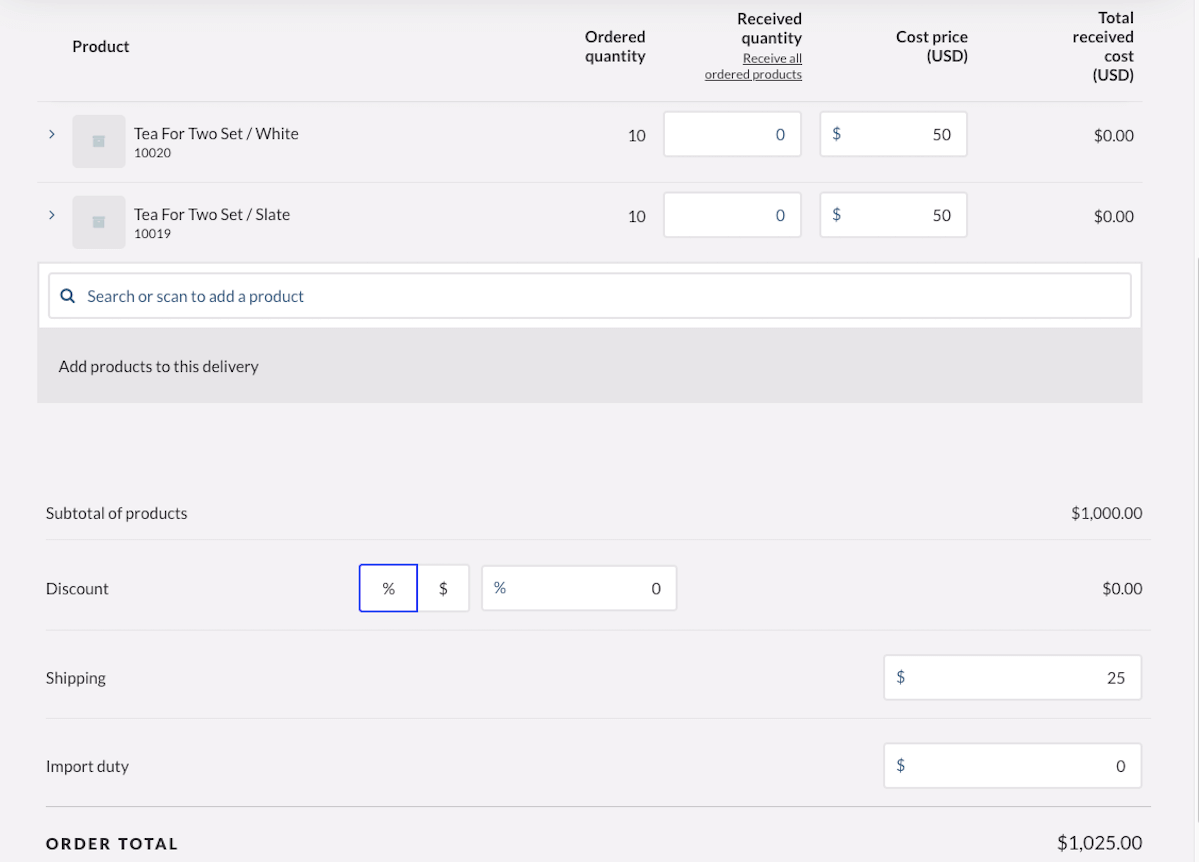 Purchase order showing section to input additional costs.