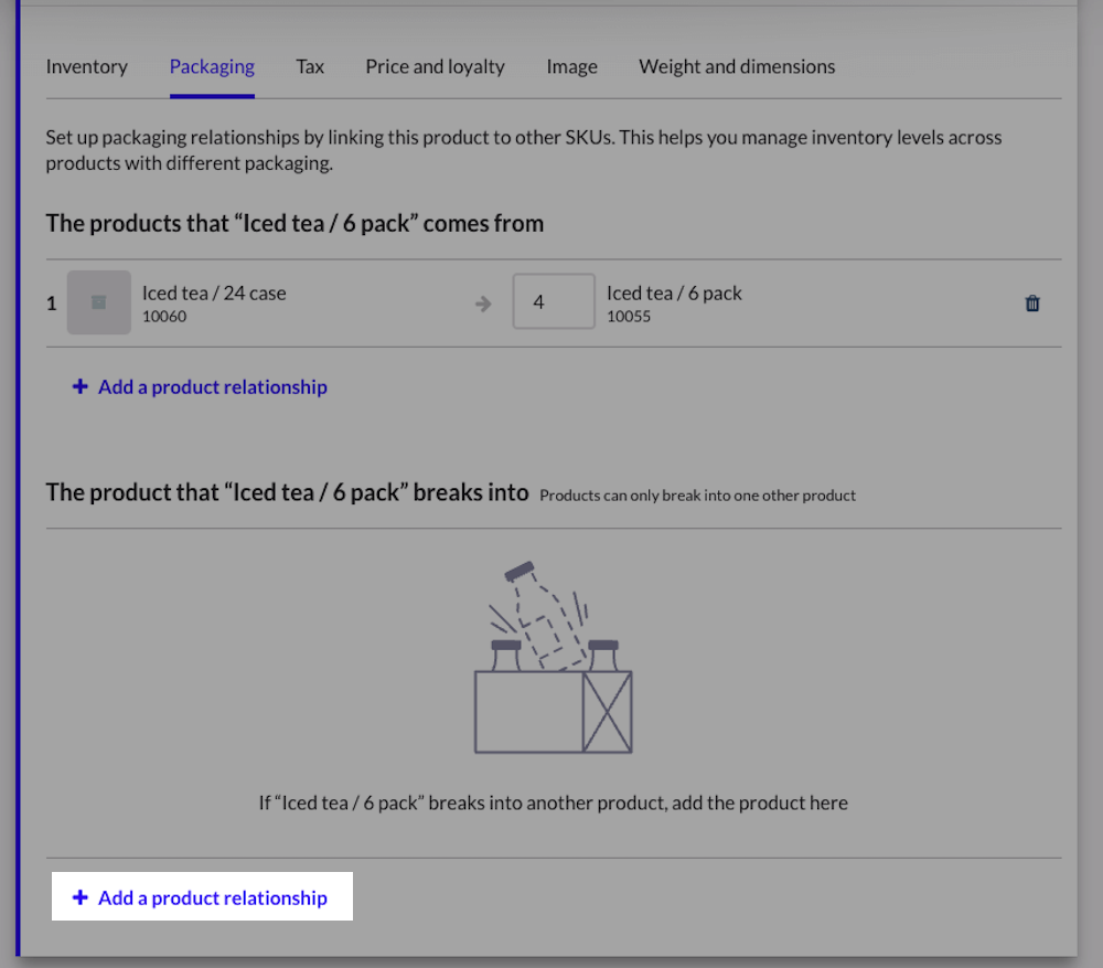 Gemarkeerde knop Een productrelatie toevoegen in het onderdeel Product waarin pakket met 6 flessen ijsthee opsplitst.