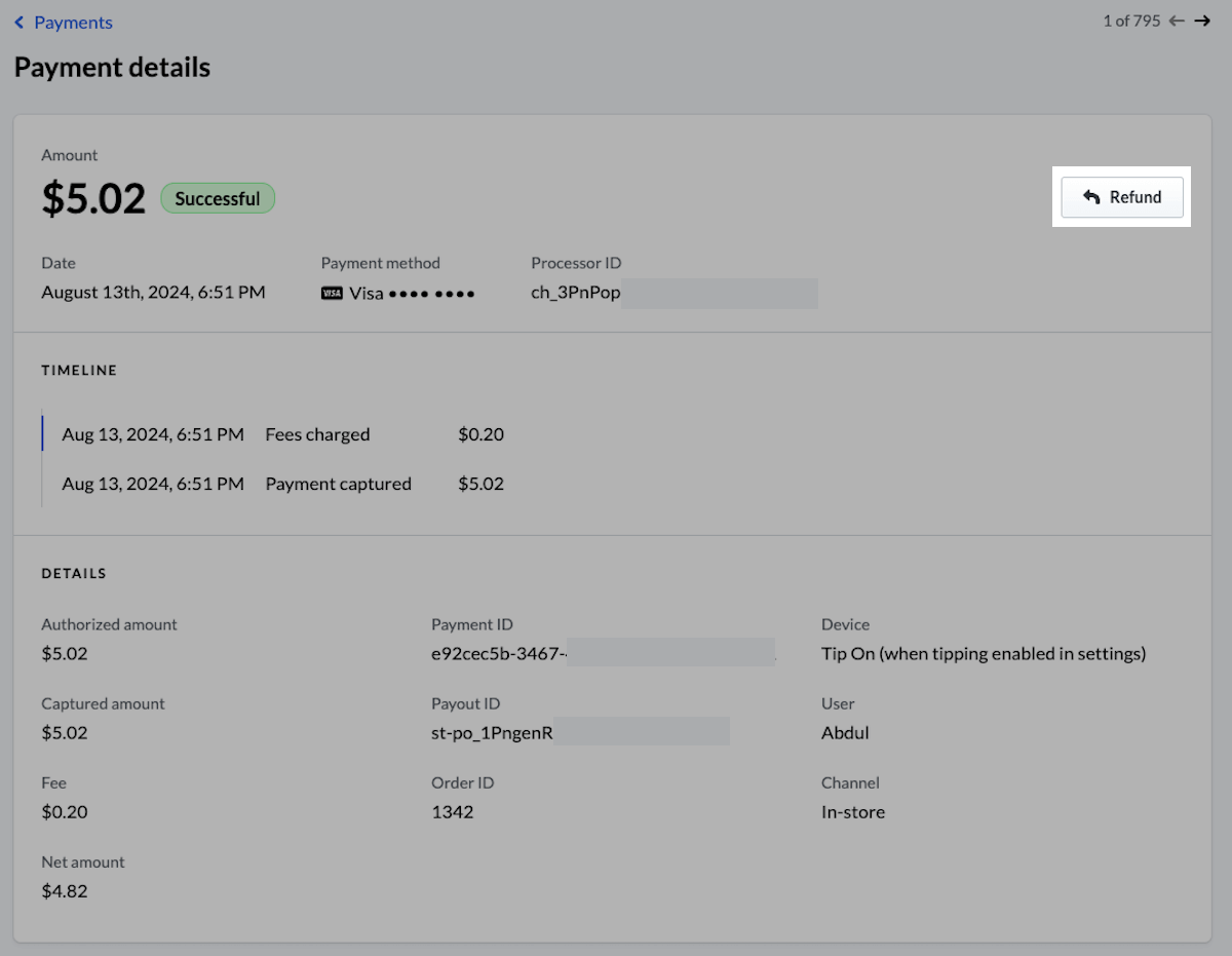 Retail Payment details refund