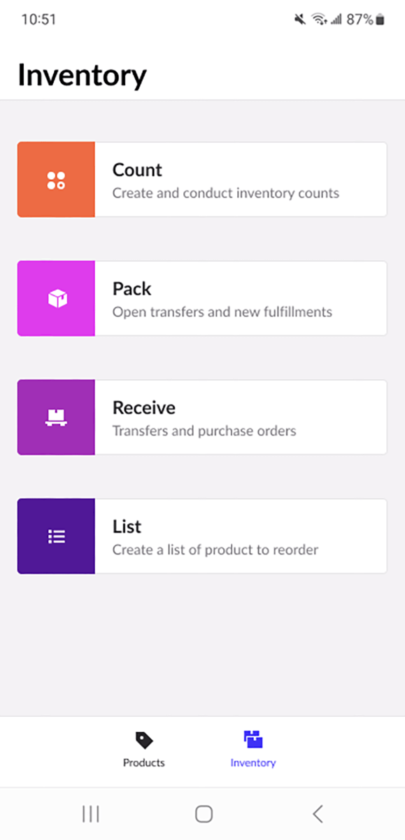 Inventory tab menu with options for count, pack, receive and list
