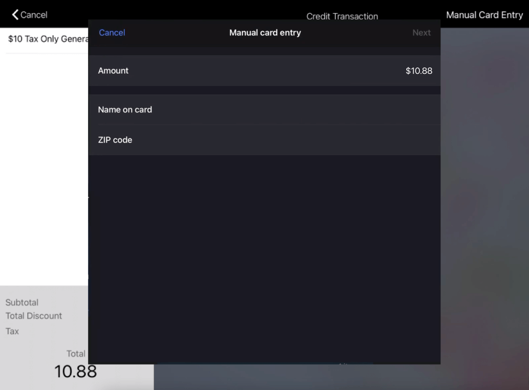 Manual card entry modal with Name on card and ZIP code fields.