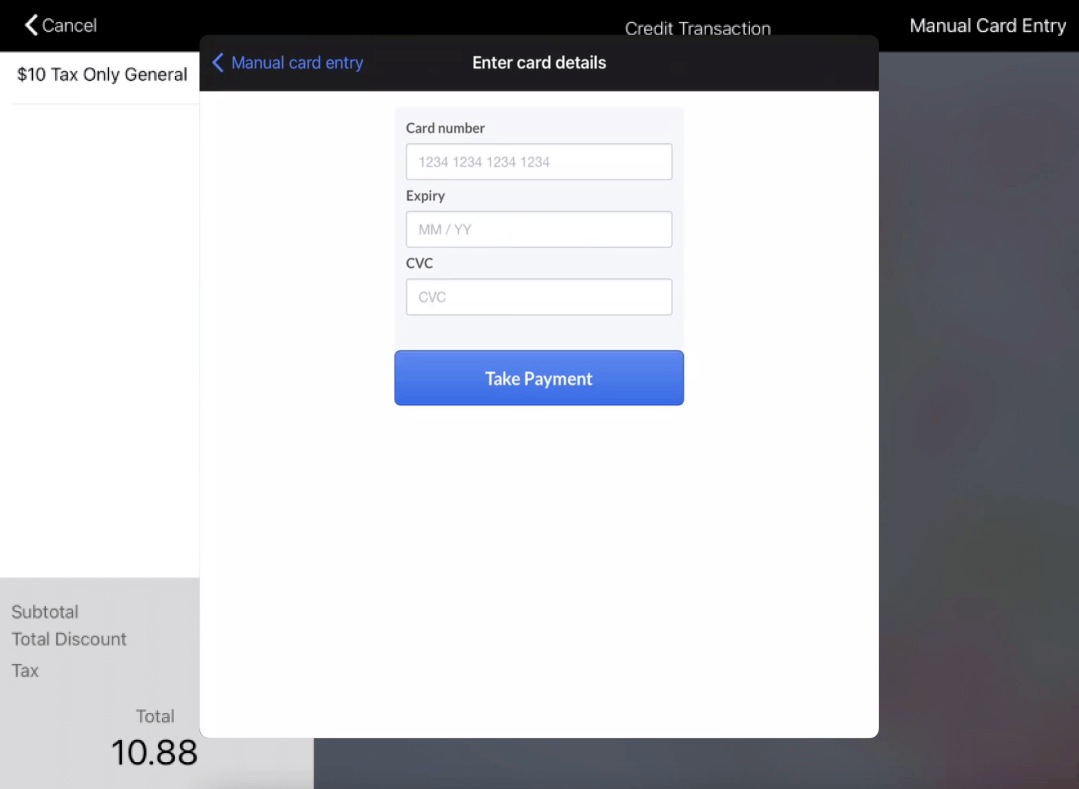 Enter card details modal with Take Payment button.