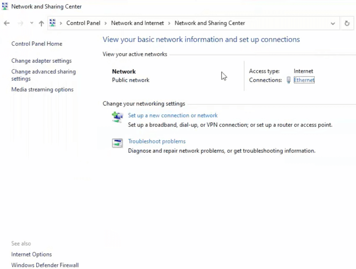 Network and sharing center adapter settings