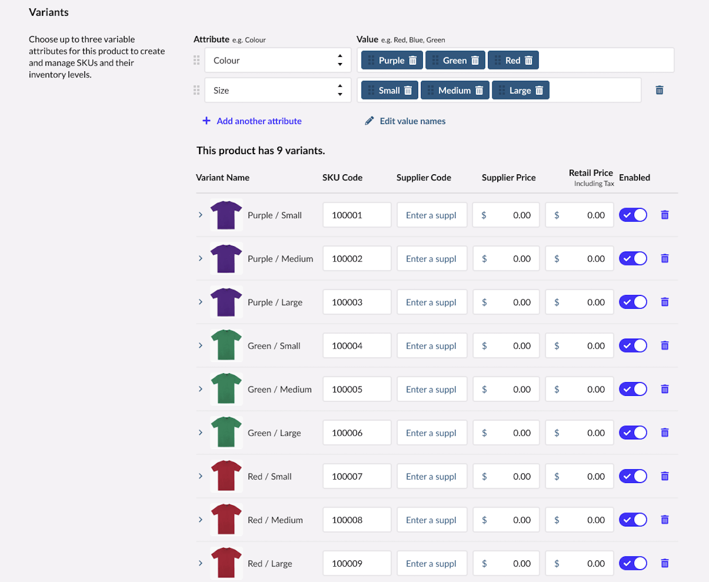 Gedeelte Varianten waarin een opnieuw geordende lijst met variantproducten wordt weergegeven.