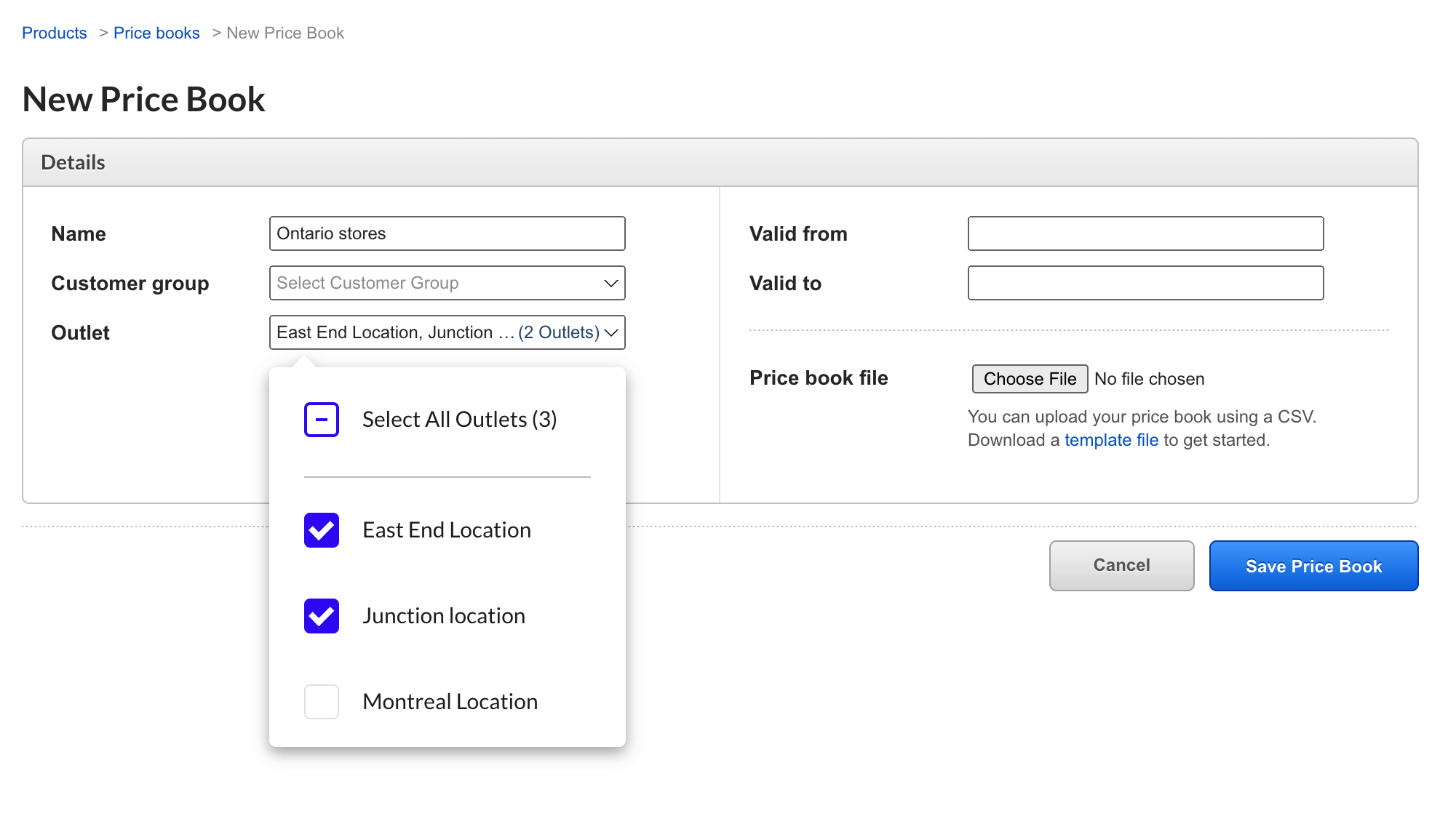 New Price Book page showing fields for Name, Customer group, Outlet, Valid from, Valid to, and option to upload Price book file.