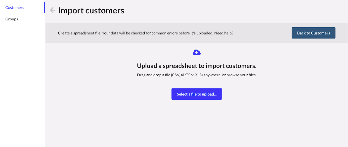 Pagina om een spreadsheet te uploaden met knop om een bestand te kiezen om te uploaden.