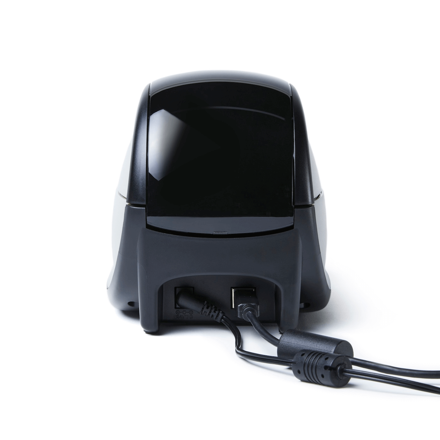 Achterkant van een DYMO 550-printer waarop een USB-kabel is aangesloten.