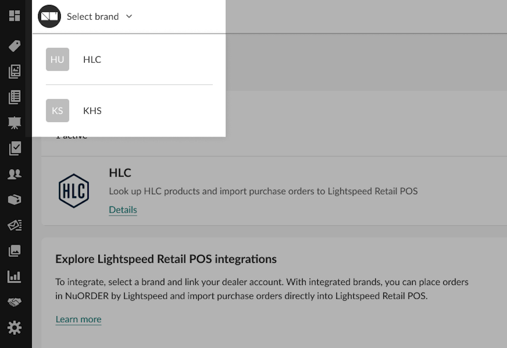NuORDER portal with the Select brand dropdown highlighted, as well as two available brands.