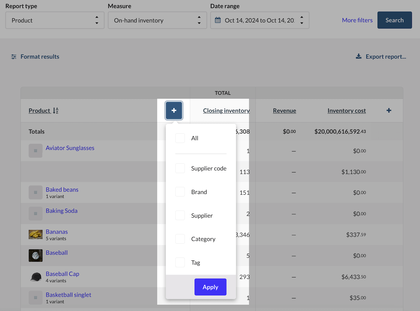 Productdetails selecteren om in het rapport op te nemen