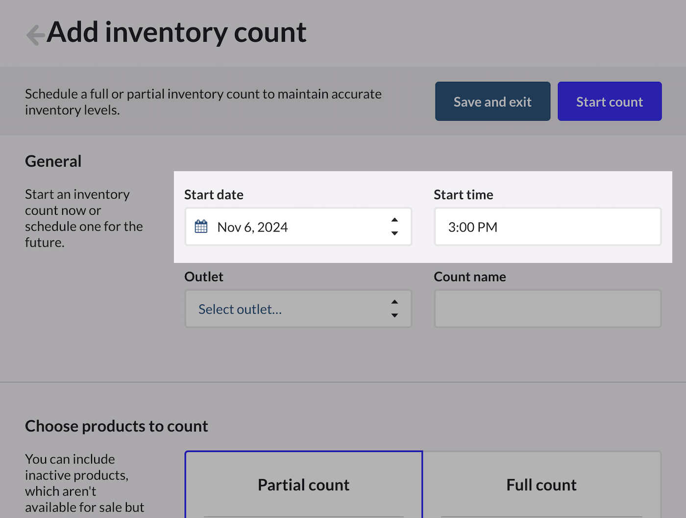 Start date and time pickers for inventory count.