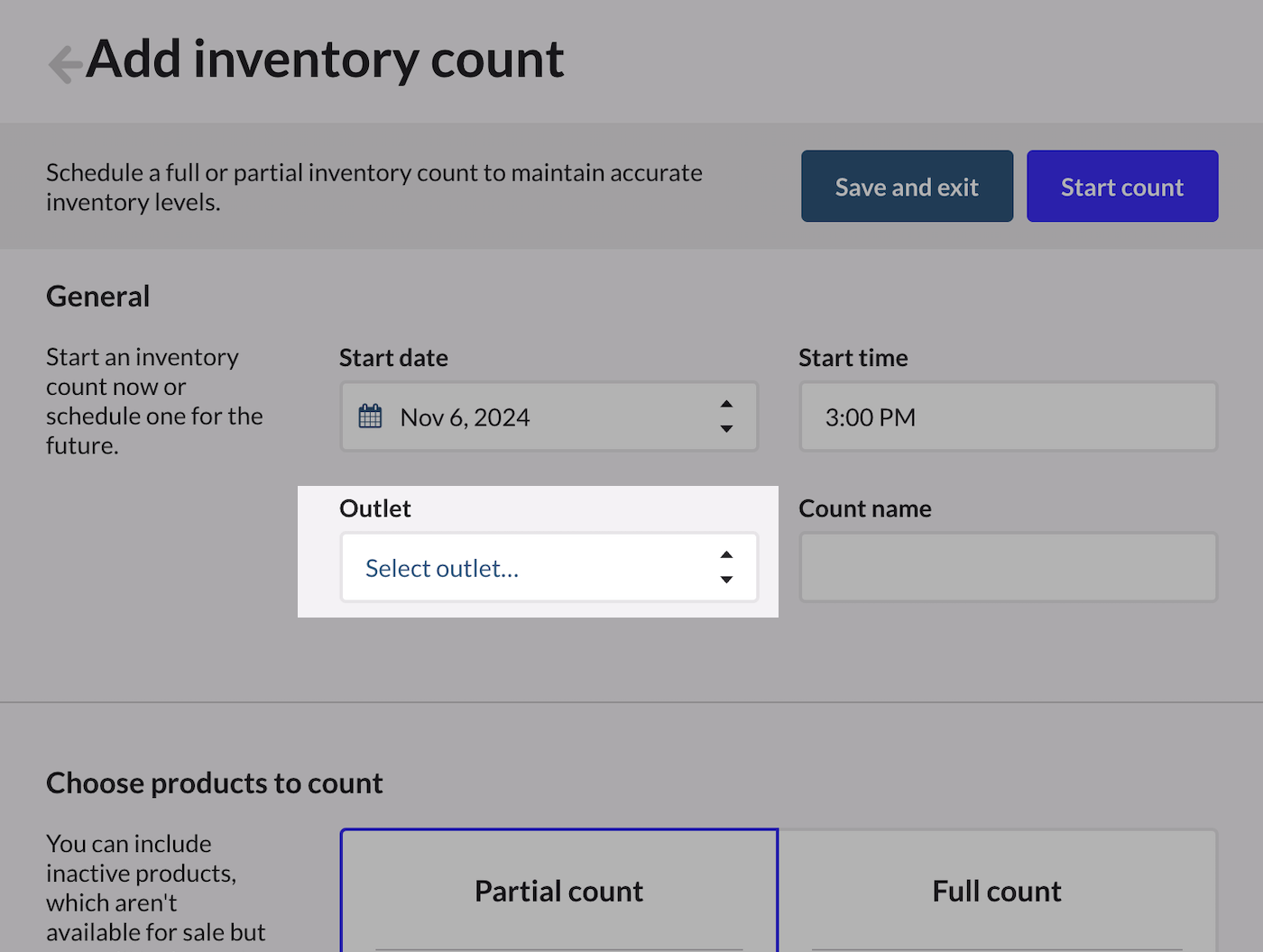 Outlet selection dropdown menu.