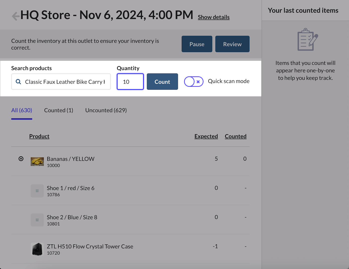 Search products field, quantity field, and unchecked quick-scan mode checkbox.