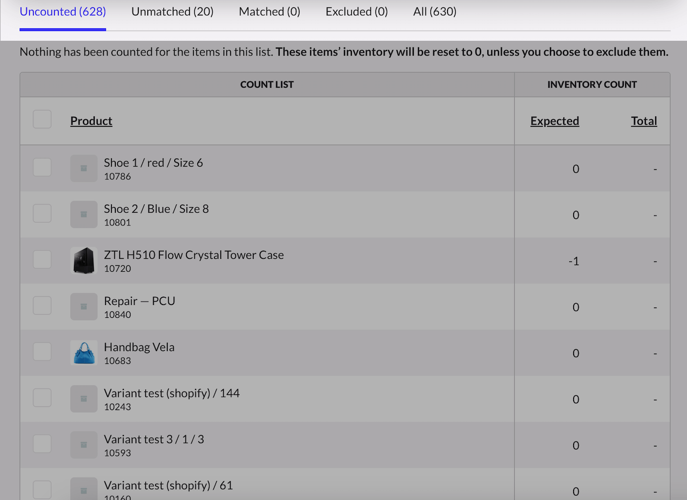 Inventory count review tabs.