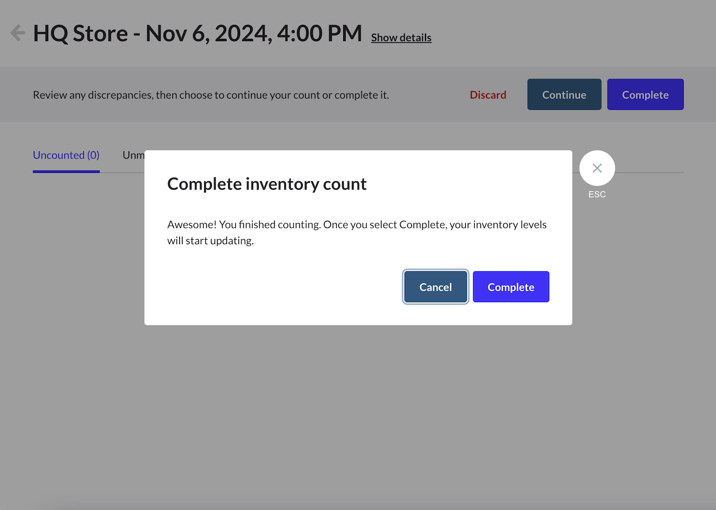 Cancel and complete buttons for updating inventory levels.
