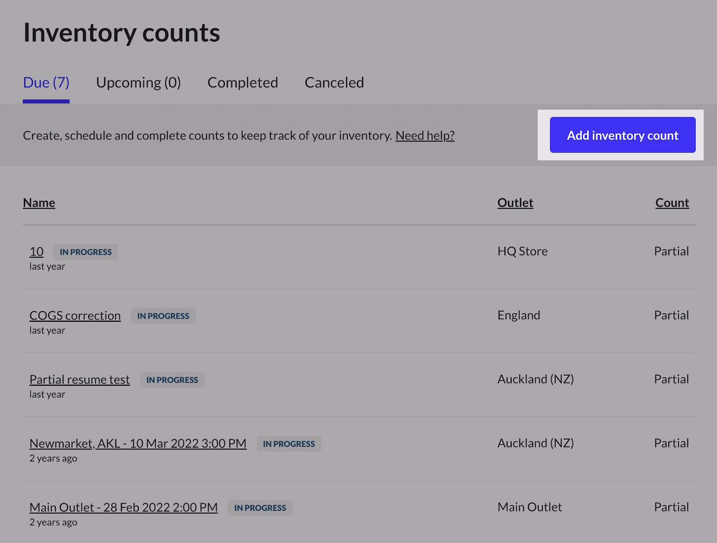 Inventory counts page.