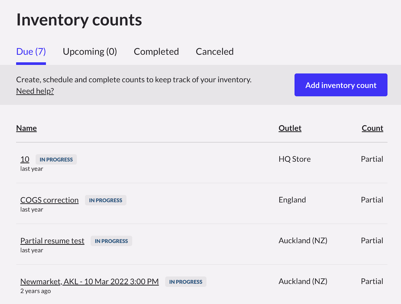 Inventory counts page.