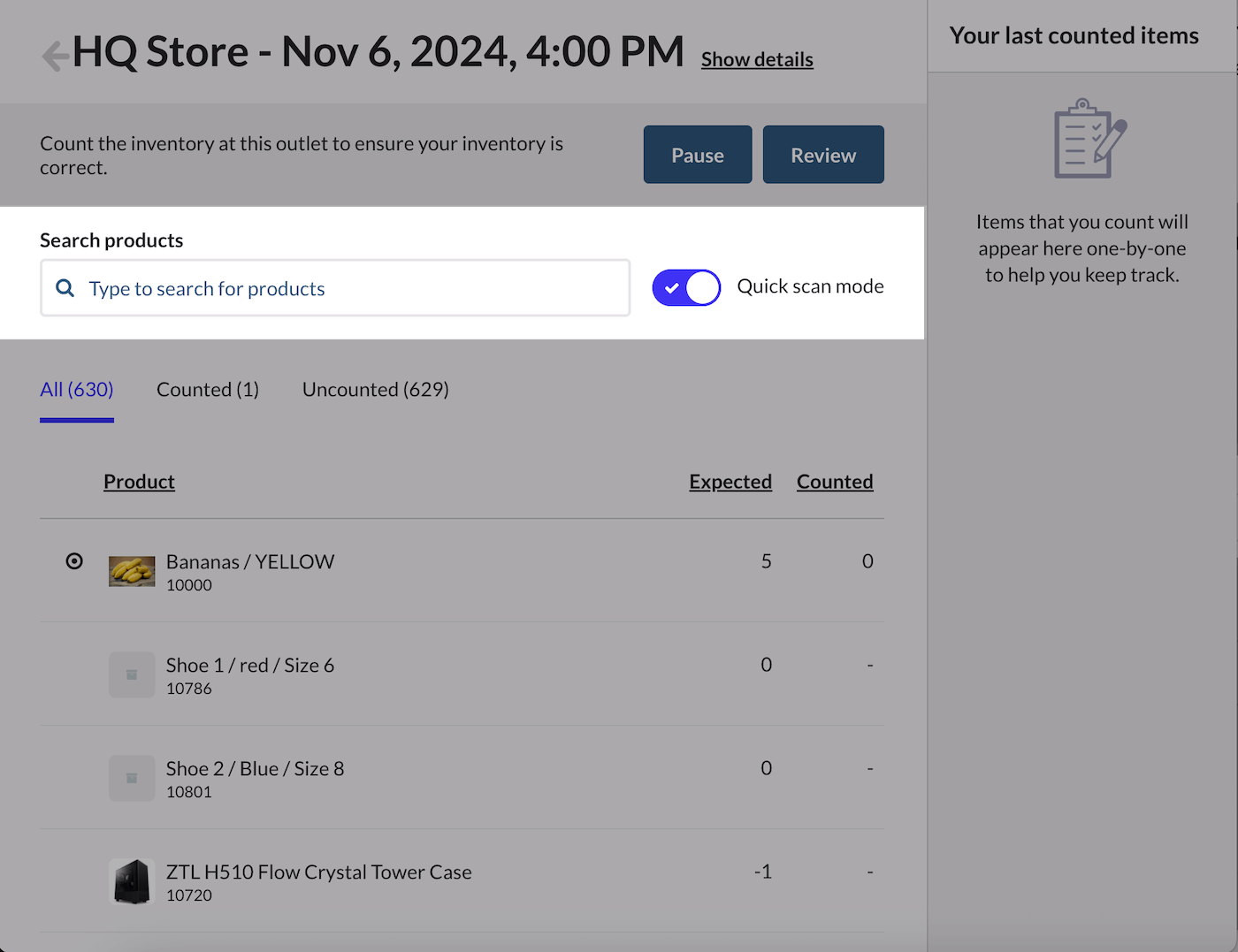 Search products field and quick-scan mode checkbox.