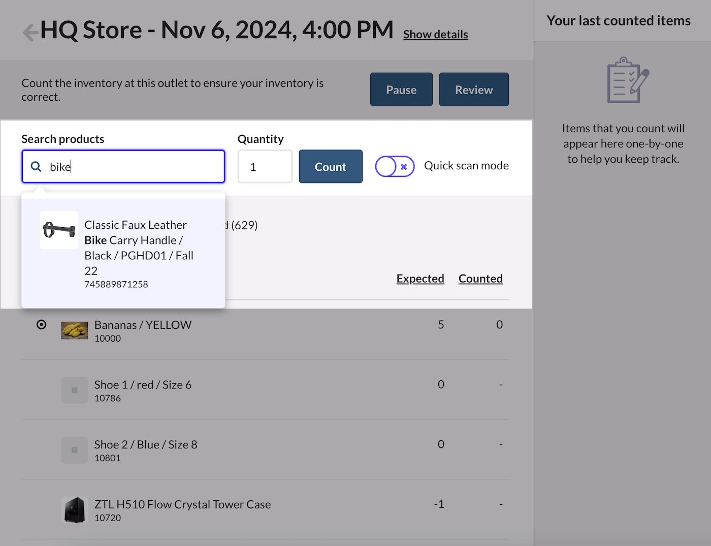 Search products field, quantity field, and unchecked quick-scan mode checkbox.