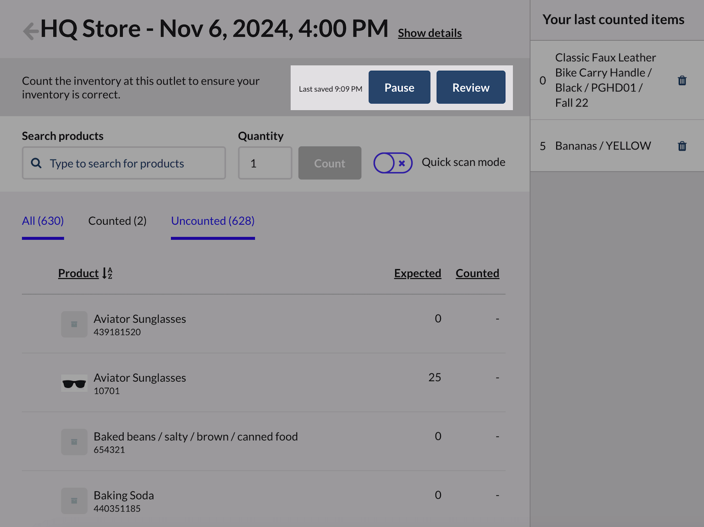 Last save time label, pause, and review buttons for full inventory count.