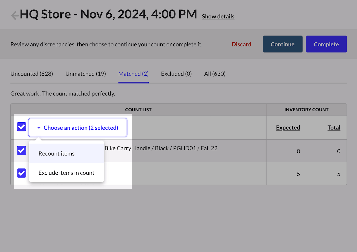 Count list dropdown menu and recount items option.