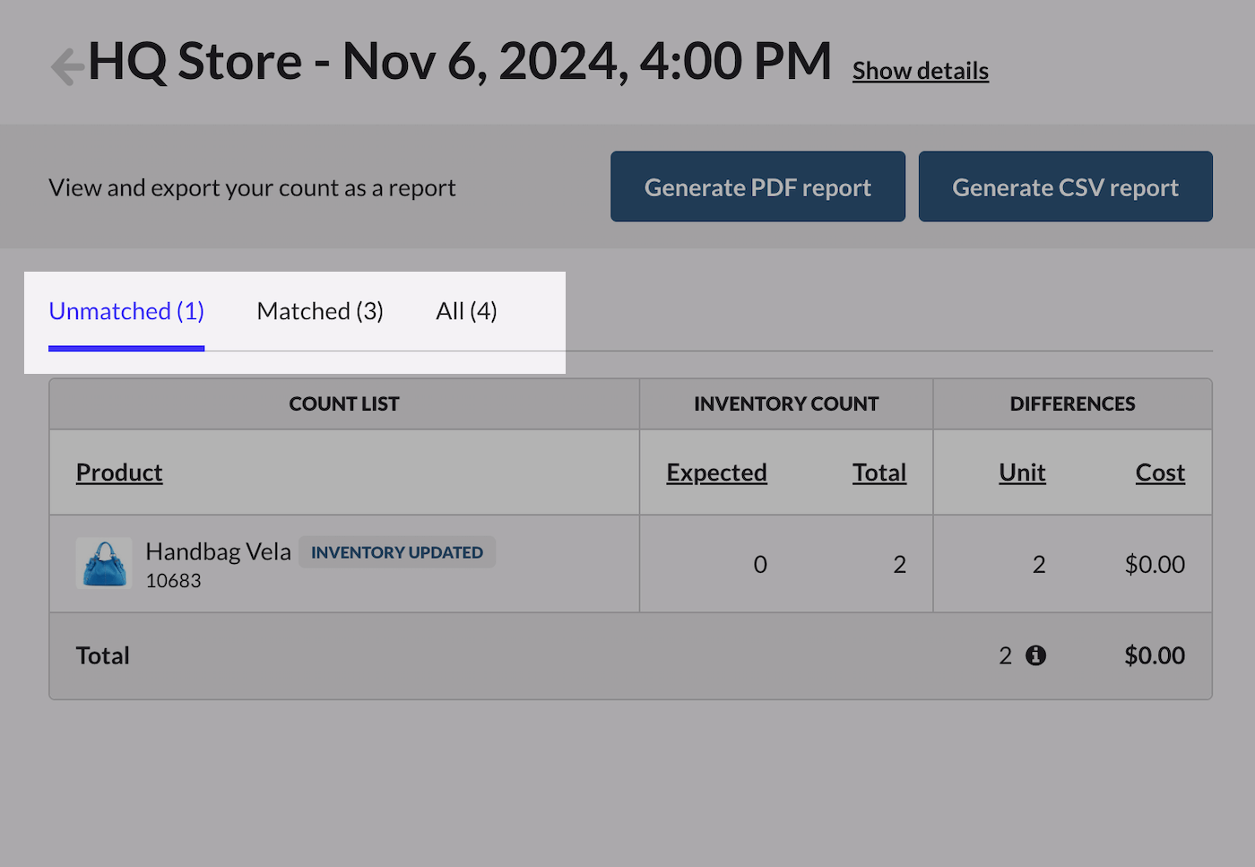 Tabs for unmatched, matched, and all inventory reports.