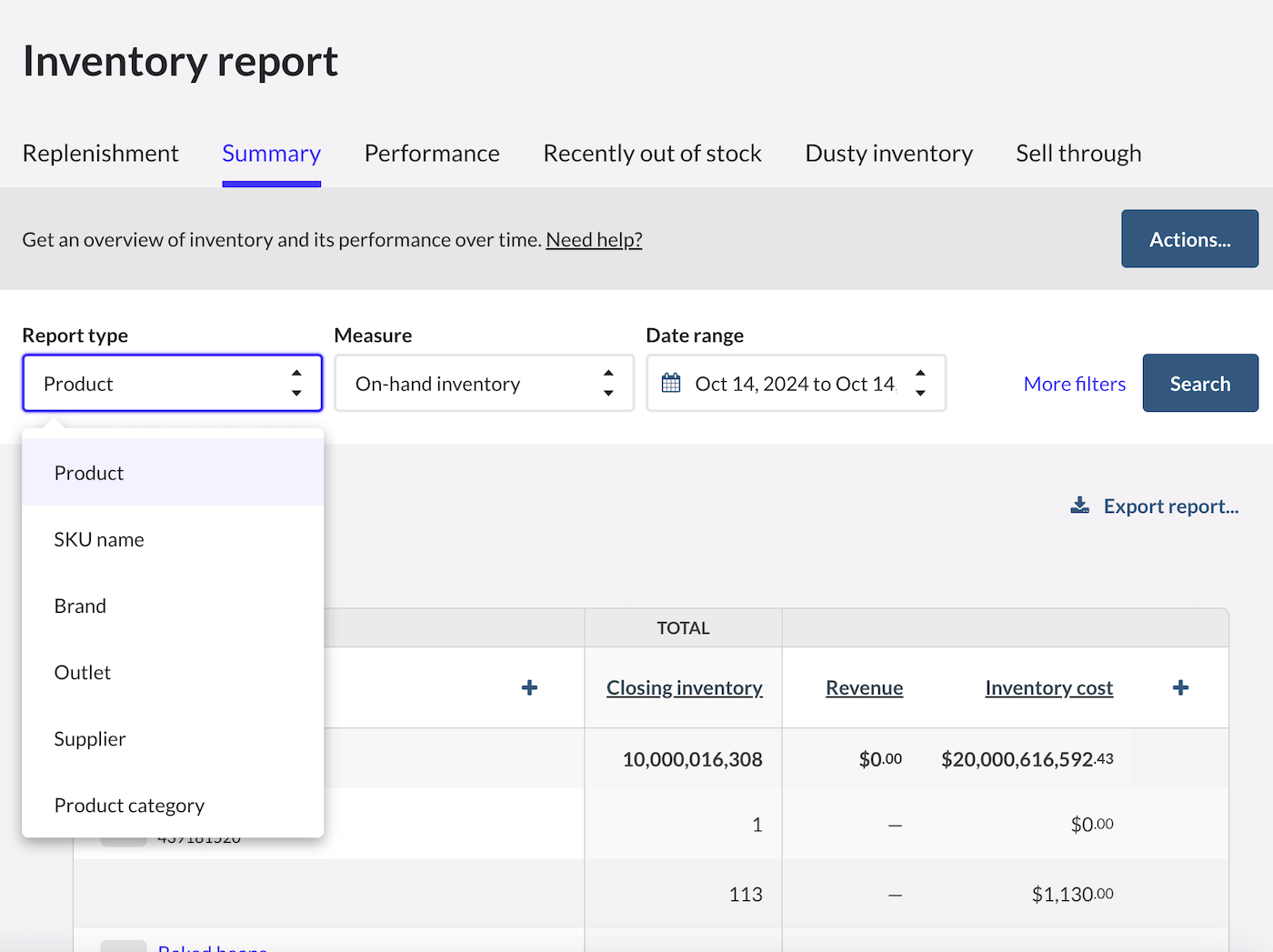Inventory report summary.