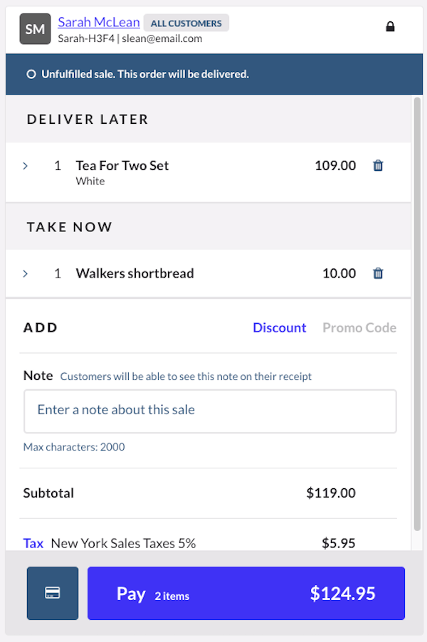 POS sell screen with one item for delivery and one item being taken now.