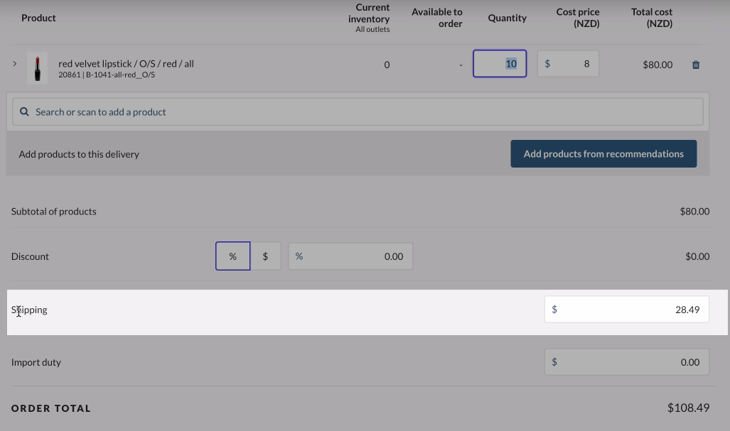 Expanded purchase order item with the shipping cost highlighted.