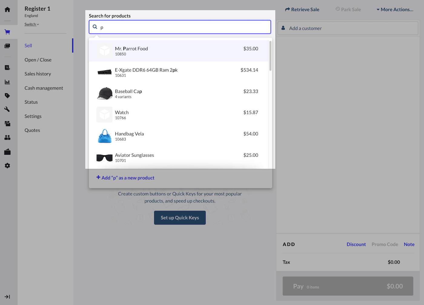 Search for products with product name or SKU.