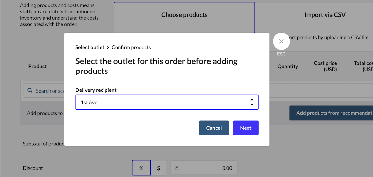 Pop-upvenster om de vestiging voor de bestelling te selecteren.