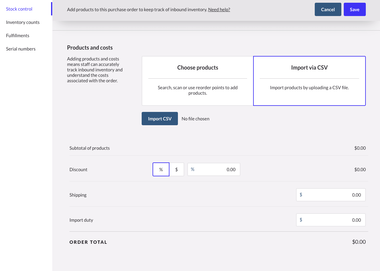Pagina met nieuwe inkooporder waarop de optie Importeren via CSV is geselecteerd.