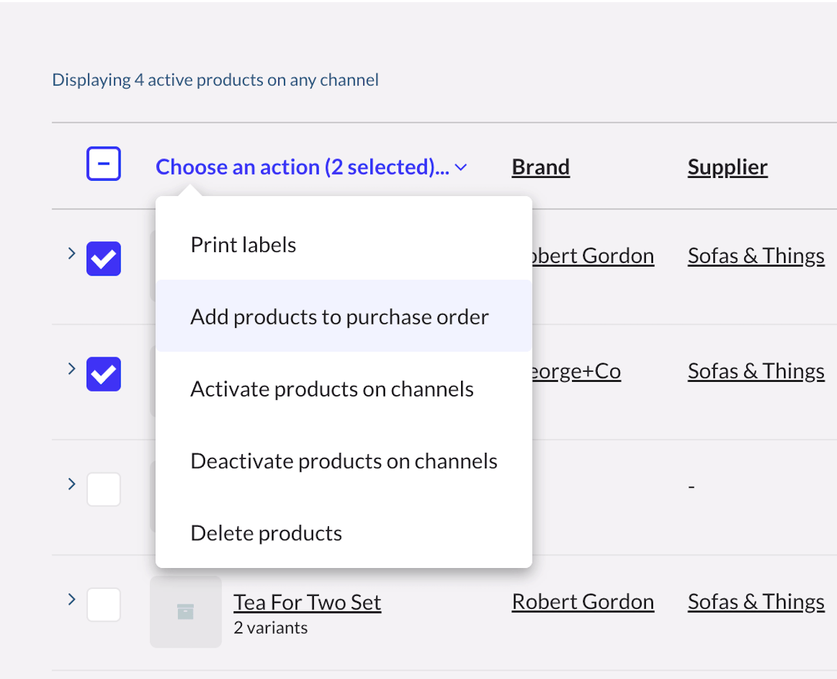 Vervolgkeuzemenu Kies een actie waarin de optie Producten aan inkooporder toevoegen is uitgelicht.