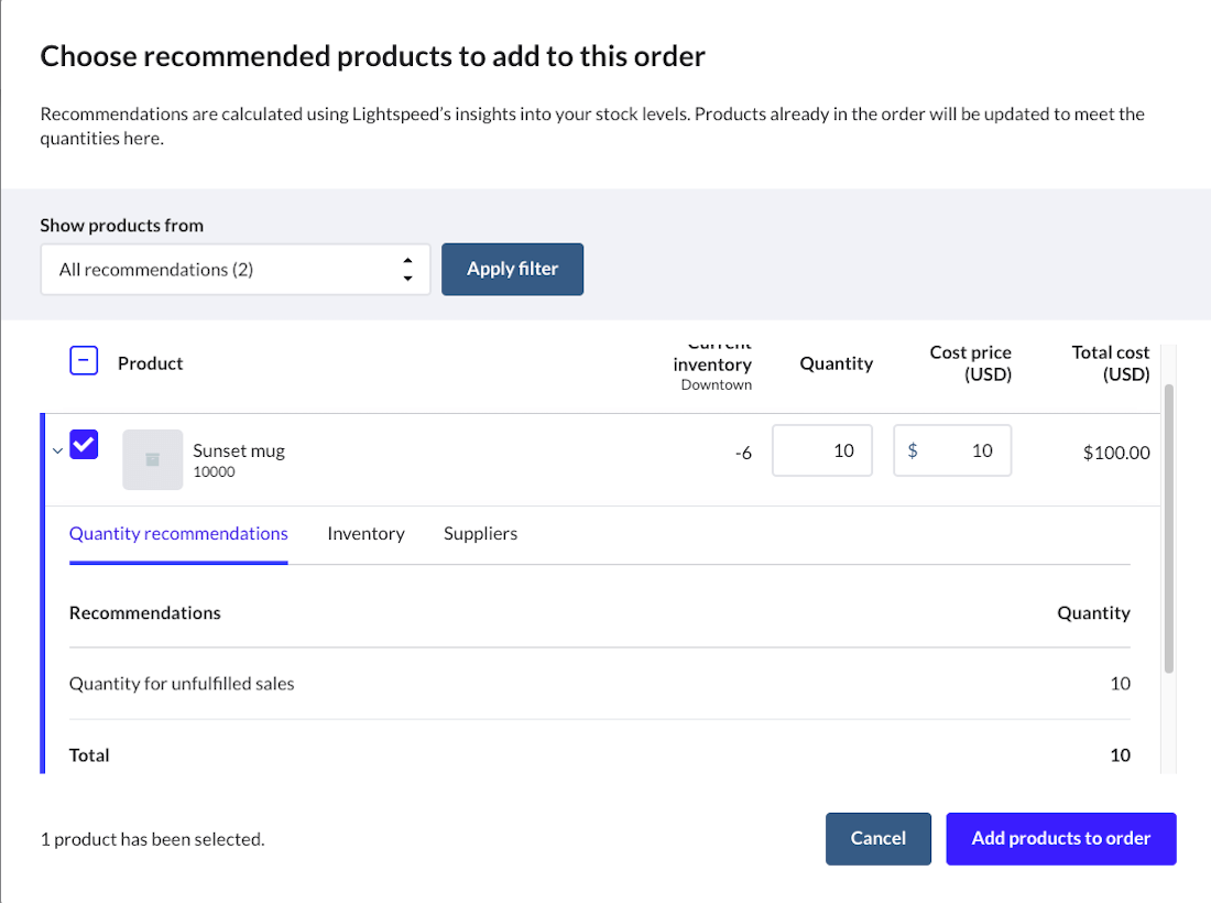 Productdetails waarin te zien is hoeveel eenheden besteld moeten worden om bestaande bestellingen te verwerken.