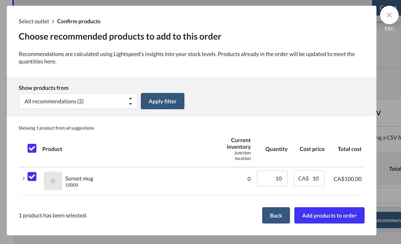 Pop-upvenster om aanbevolen producten te kiezen met opties om terug te gaan of producten aan de bestelling toe te voegen.