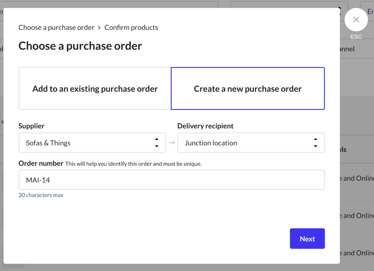 Pop-upvenster Kies een inkooporder waarin Een nieuwe inkooporder aanmaken is geselecteerd.