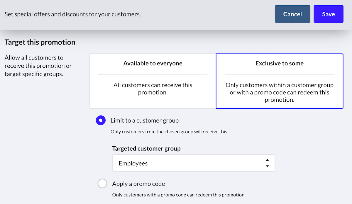 Targeted promotion settings.