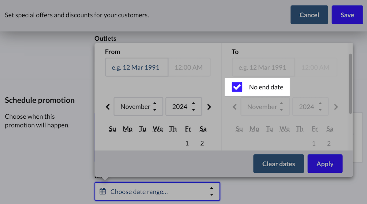 Enabled no date end checkbox.