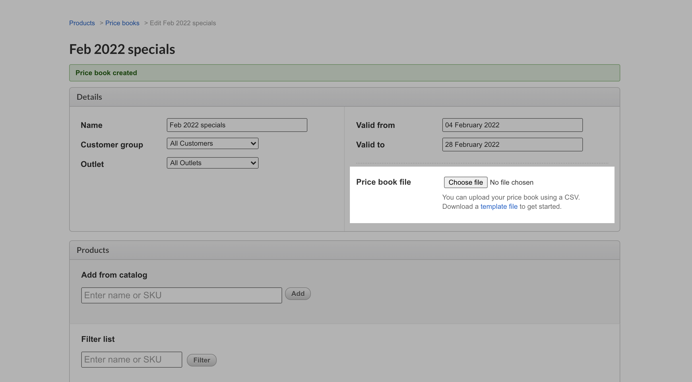 Price books page with Price book file section emphasized, showing option to Choose file to upload.