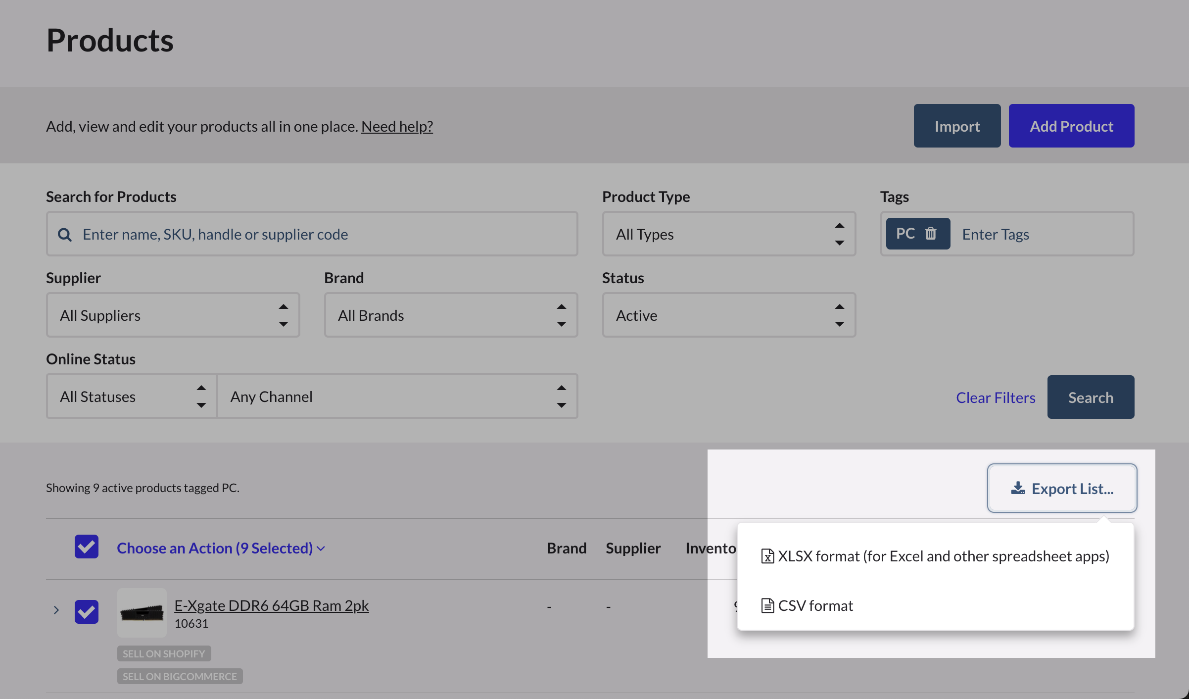 Pagina Producten waarop Lijst exporteren is uitgelicht en een vervolgkeuzelijst te zien is met opties om te downloaden als XLSX of CSV.